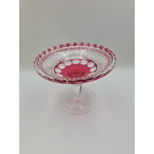 Vintage Cranberry Flash Glass Compote 6" Diamond Point Thumbprint Pedestal Dish